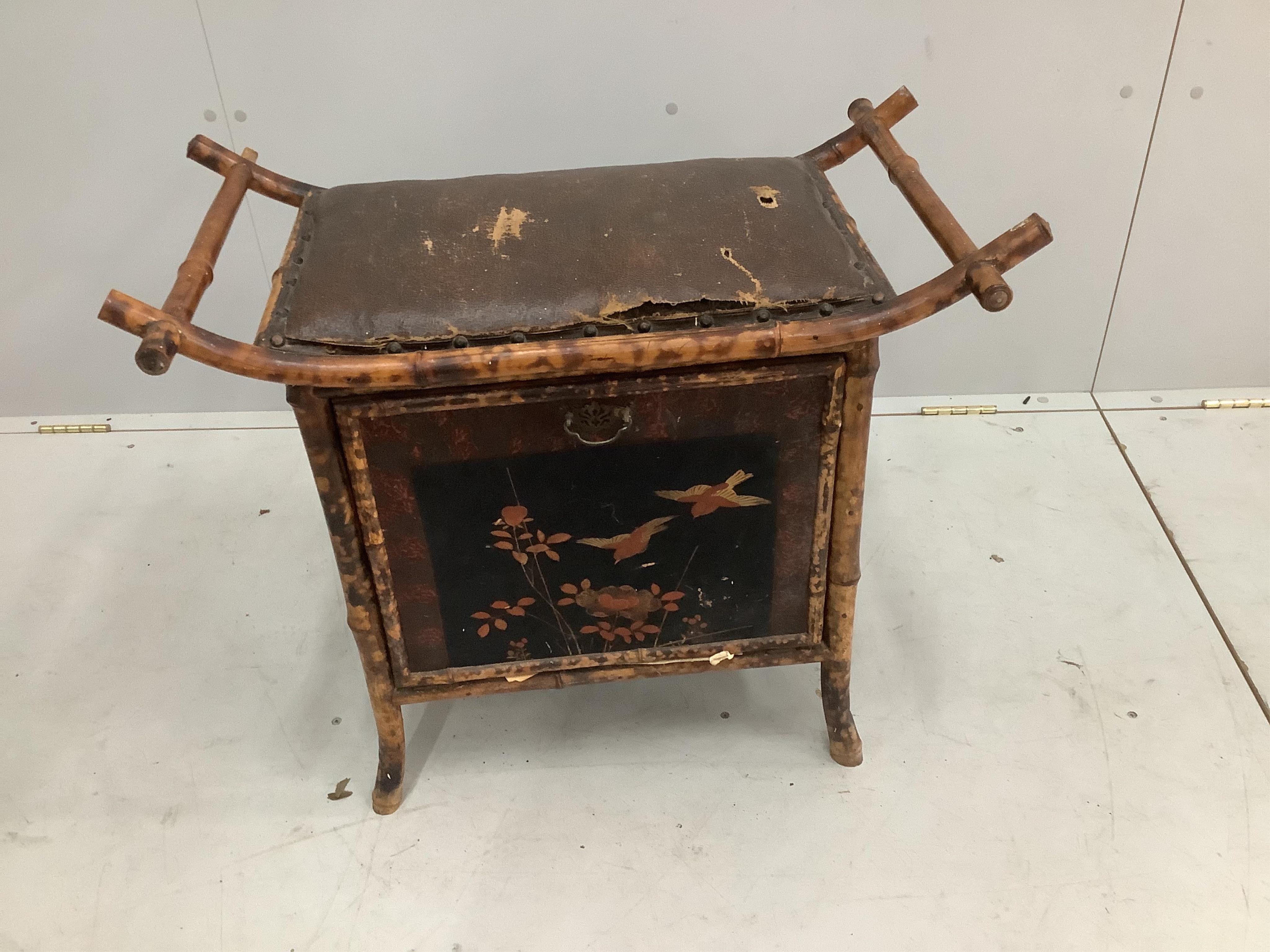 A late Victorian chinoiserie lacquer upright piano with bamboo effect decoration, width 142cm, height 129cm together with a matching stool. CITES Submission reference R2GP9JYE. Condition - fair